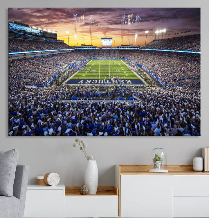 A Kroger Field Wall Art Print showcases Kentucky Stadium at sunset, perfect for Wildcats fans.