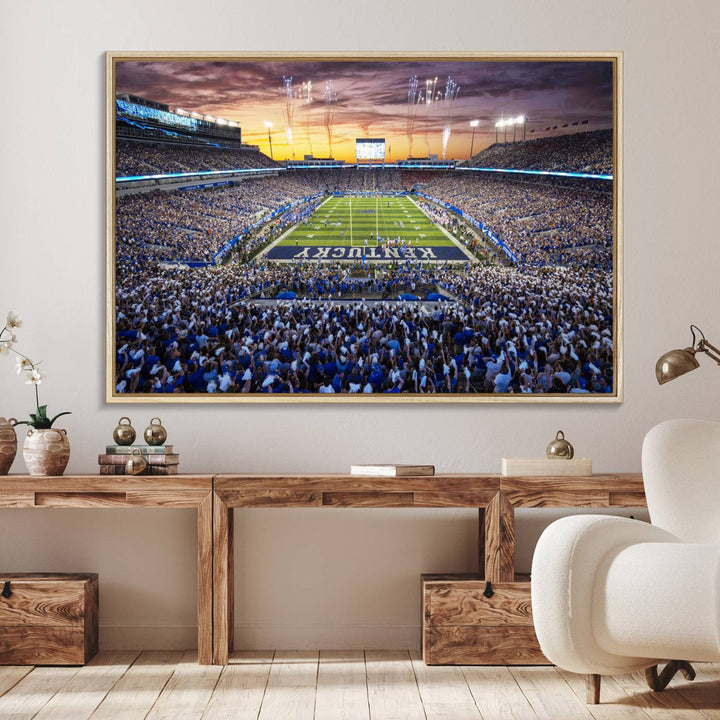 A Kroger Field Wall Art Print showcases Kentucky Stadium at sunset, perfect for Wildcats fans.