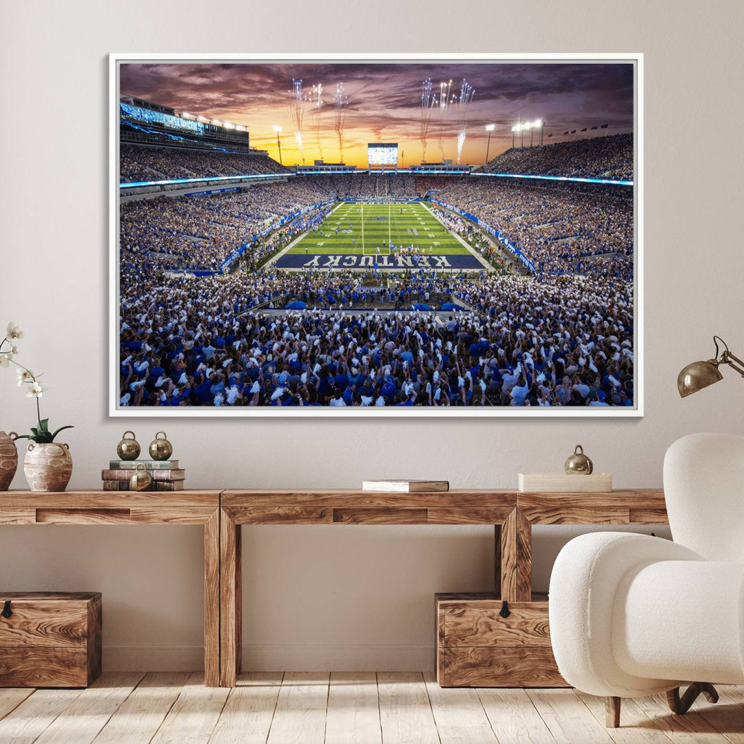 A Kroger Field Wall Art Print showcases Kentucky Stadium at sunset, perfect for Wildcats fans.