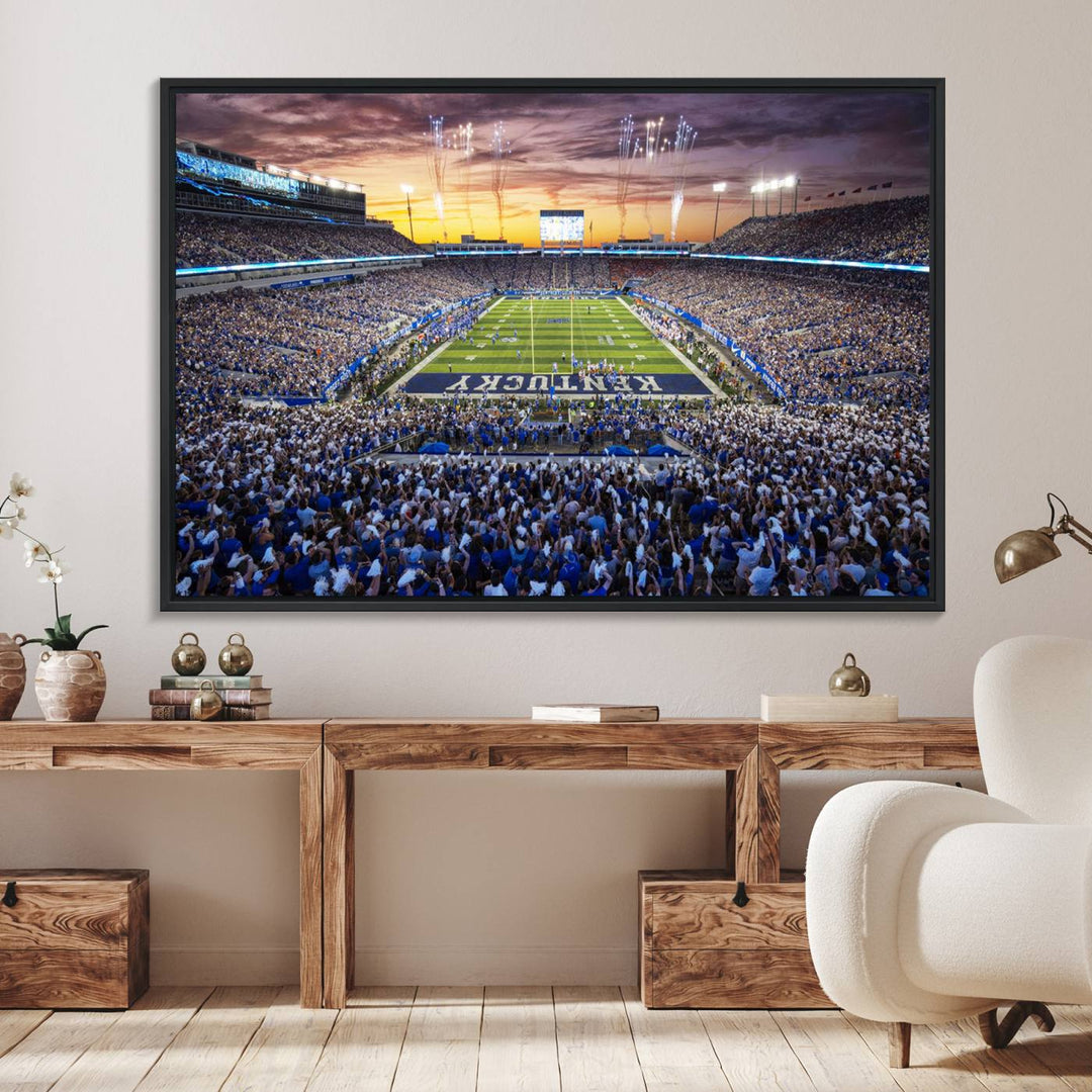 A Kroger Field Wall Art Print showcases Kentucky Stadium at sunset, perfect for Wildcats fans.