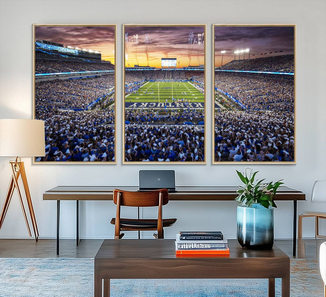 A Kroger Field Wall Art Print showcases Kentucky Stadium at sunset, perfect for Wildcats fans.