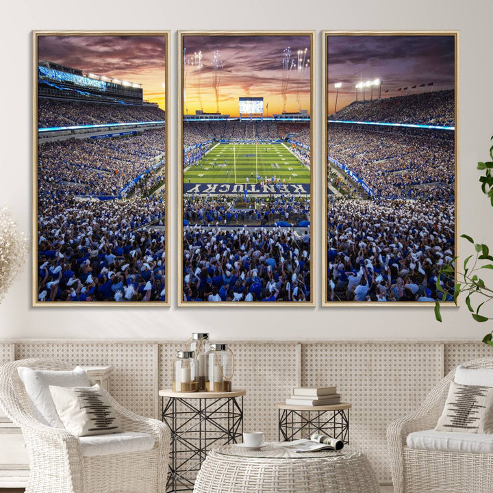 A Kroger Field Wall Art Print showcases Kentucky Stadium at sunset, perfect for Wildcats fans.