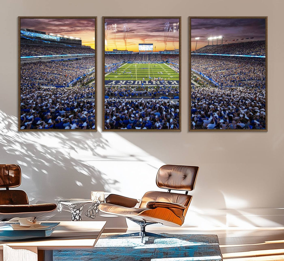 A Kroger Field Wall Art Print showcases Kentucky Stadium at sunset, perfect for Wildcats fans.