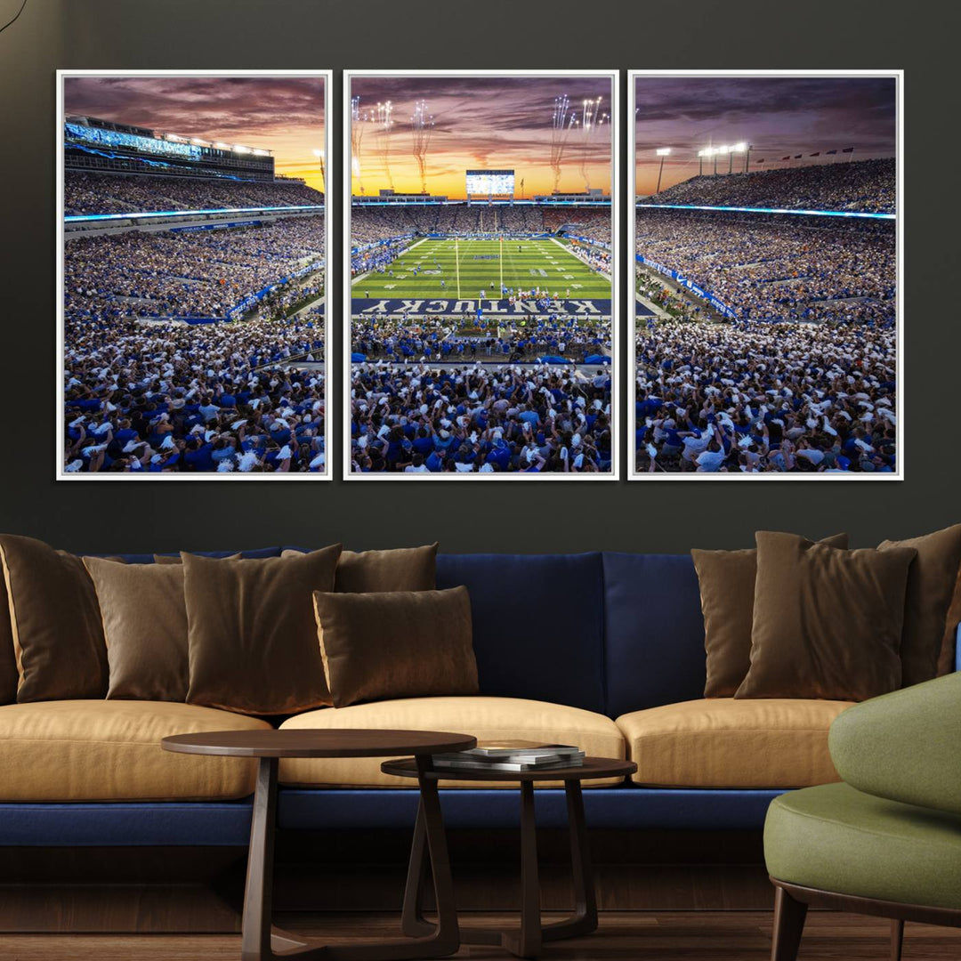 A Kroger Field Wall Art Print showcases Kentucky Stadium at sunset, perfect for Wildcats fans.