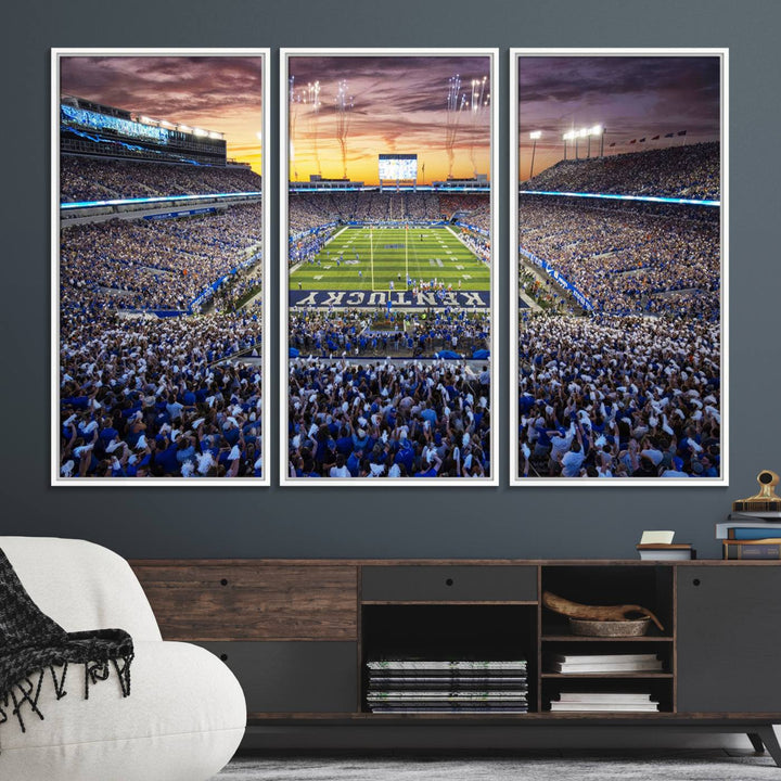 A Kroger Field Wall Art Print showcases Kentucky Stadium at sunset, perfect for Wildcats fans.