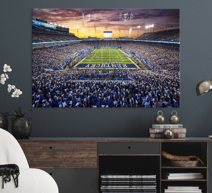 A Kroger Field Wall Art Print showcases Kentucky Stadium at sunset, perfect for Wildcats fans.