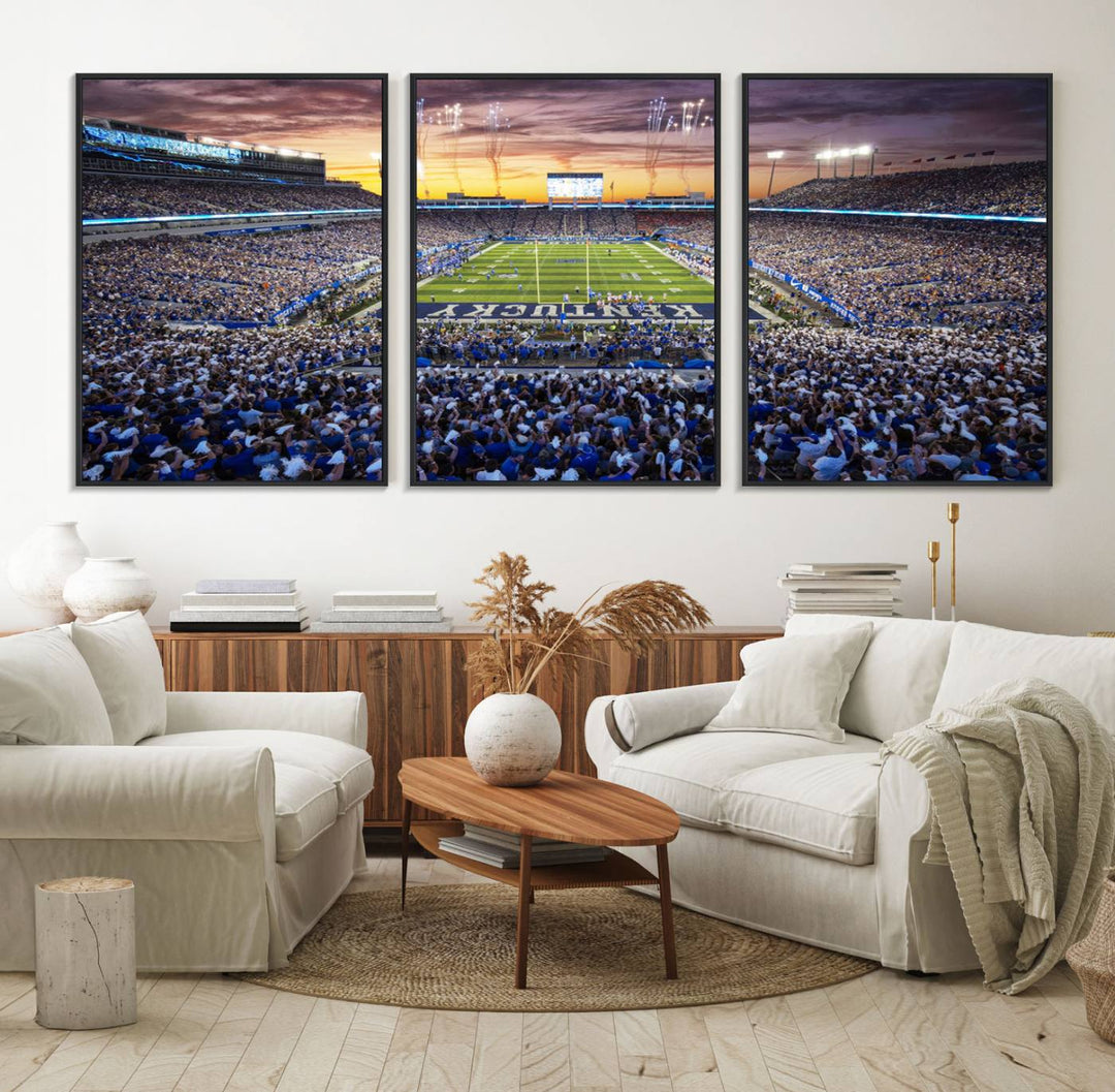 A Kroger Field Wall Art Print showcases Kentucky Stadium at sunset, perfect for Wildcats fans.