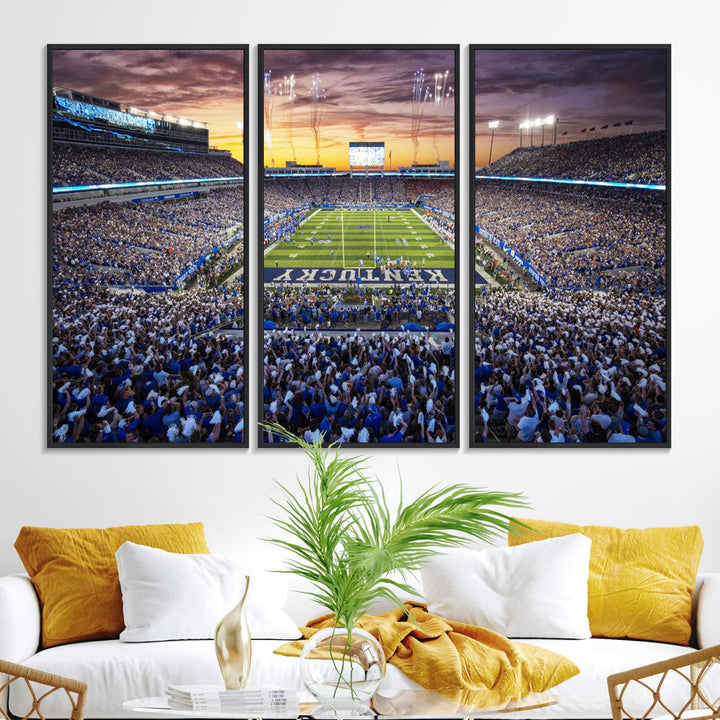 A Kroger Field Wall Art Print showcases Kentucky Stadium at sunset, perfect for Wildcats fans.