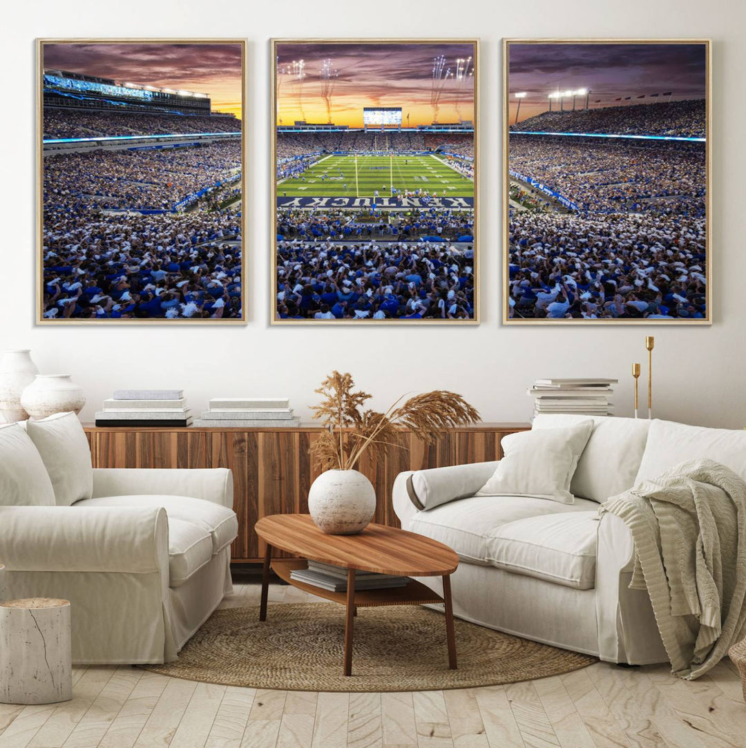 A Kroger Field Wall Art Print showcases Kentucky Stadium at sunset, perfect for Wildcats fans.