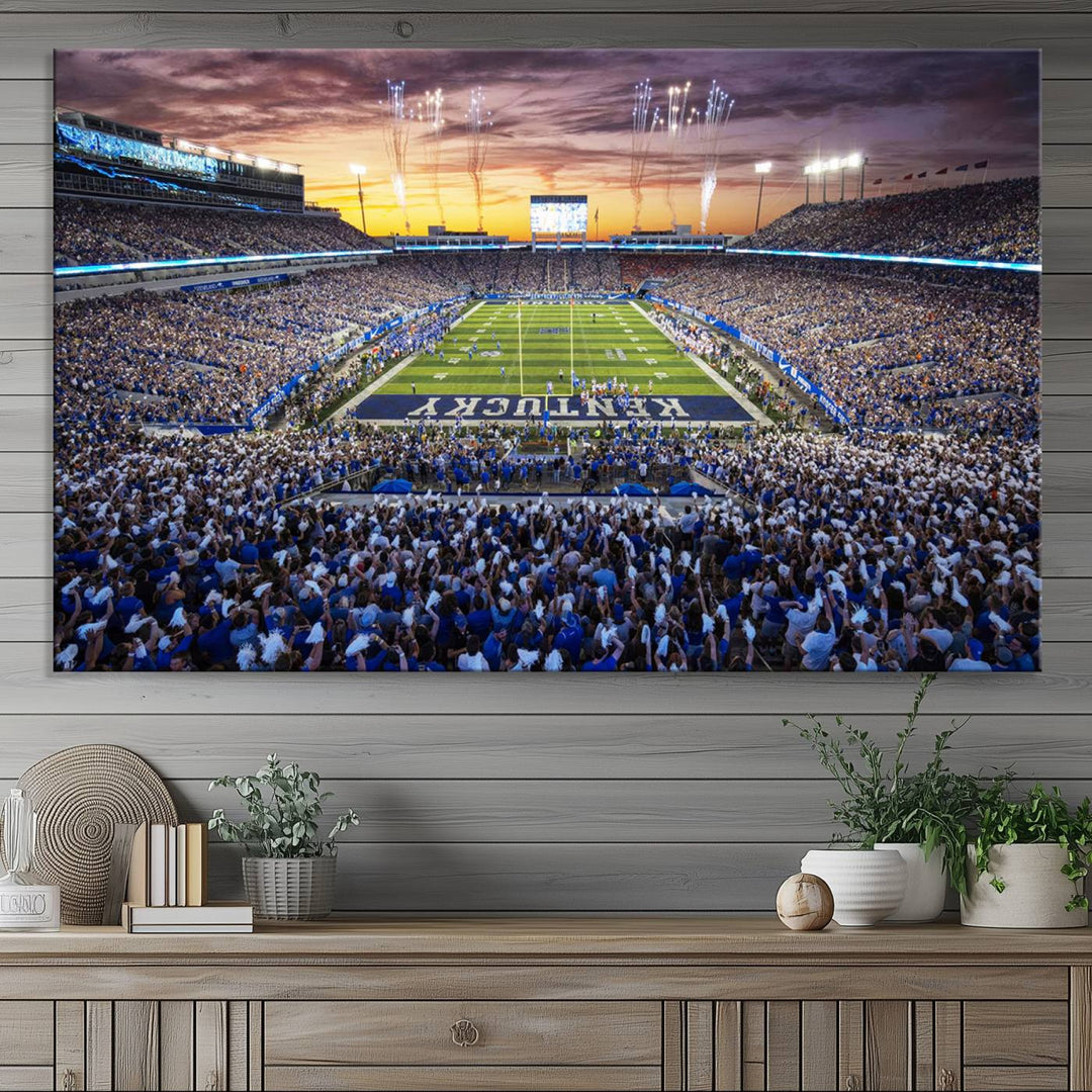 A Kroger Field Wall Art Print showcases Kentucky Stadium at sunset, perfect for Wildcats fans.