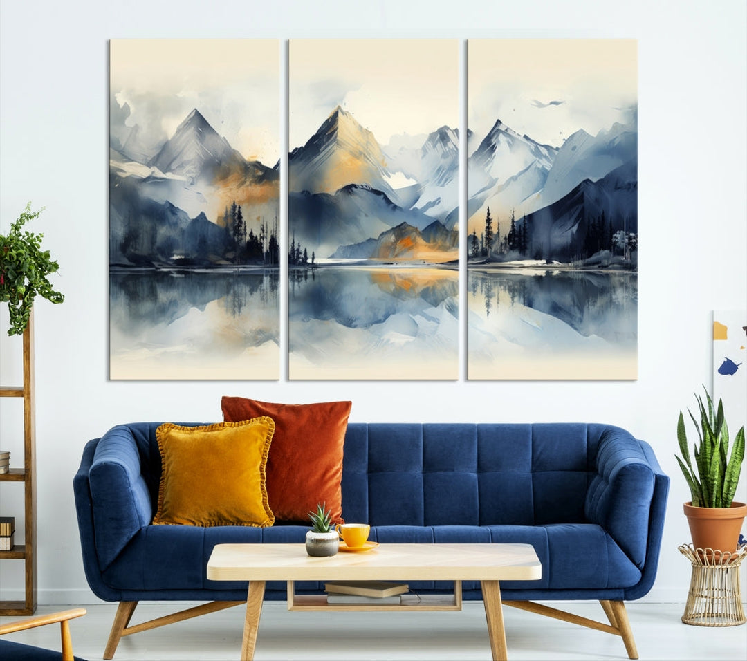 The "Lake Abstract Mountain Wall Art" is a three-panel masterpiece depicting a tranquil mountain landscape with a lake reflection on museum-quality canvas. Enjoy its enduring brilliance, thanks to the UV-protective coating, and take advantage of free shipping.