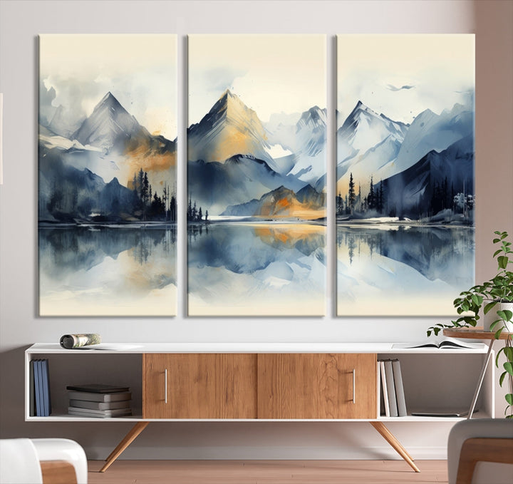 The "Lake Abstract Mountain Wall Art" is a three-panel masterpiece depicting a tranquil mountain landscape with a lake reflection on museum-quality canvas. Enjoy its enduring brilliance, thanks to the UV-protective coating, and take advantage of free shipping.