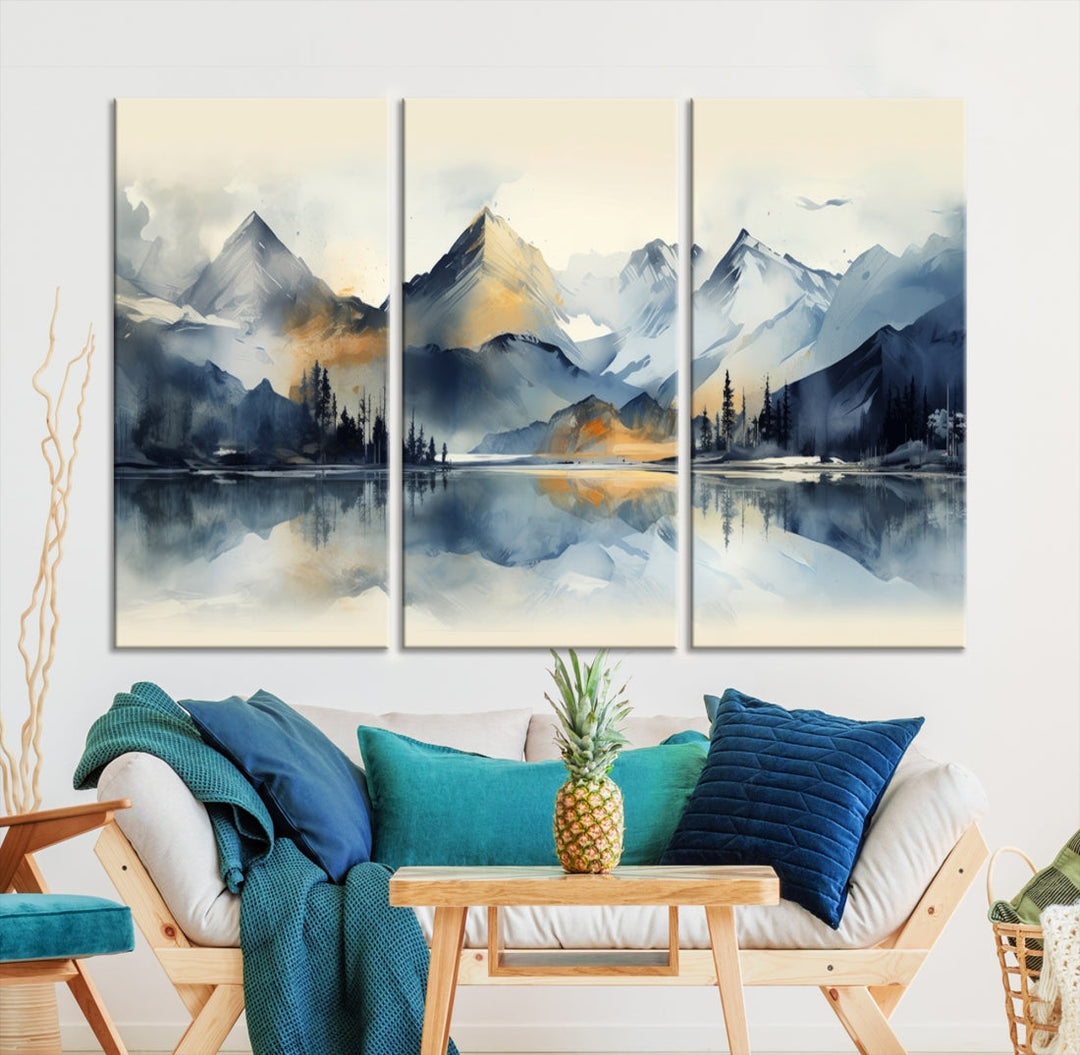 The "Lake Abstract Mountain Wall Art" is a three-panel masterpiece depicting a tranquil mountain landscape with a lake reflection on museum-quality canvas. Enjoy its enduring brilliance, thanks to the UV-protective coating, and take advantage of free shipping.