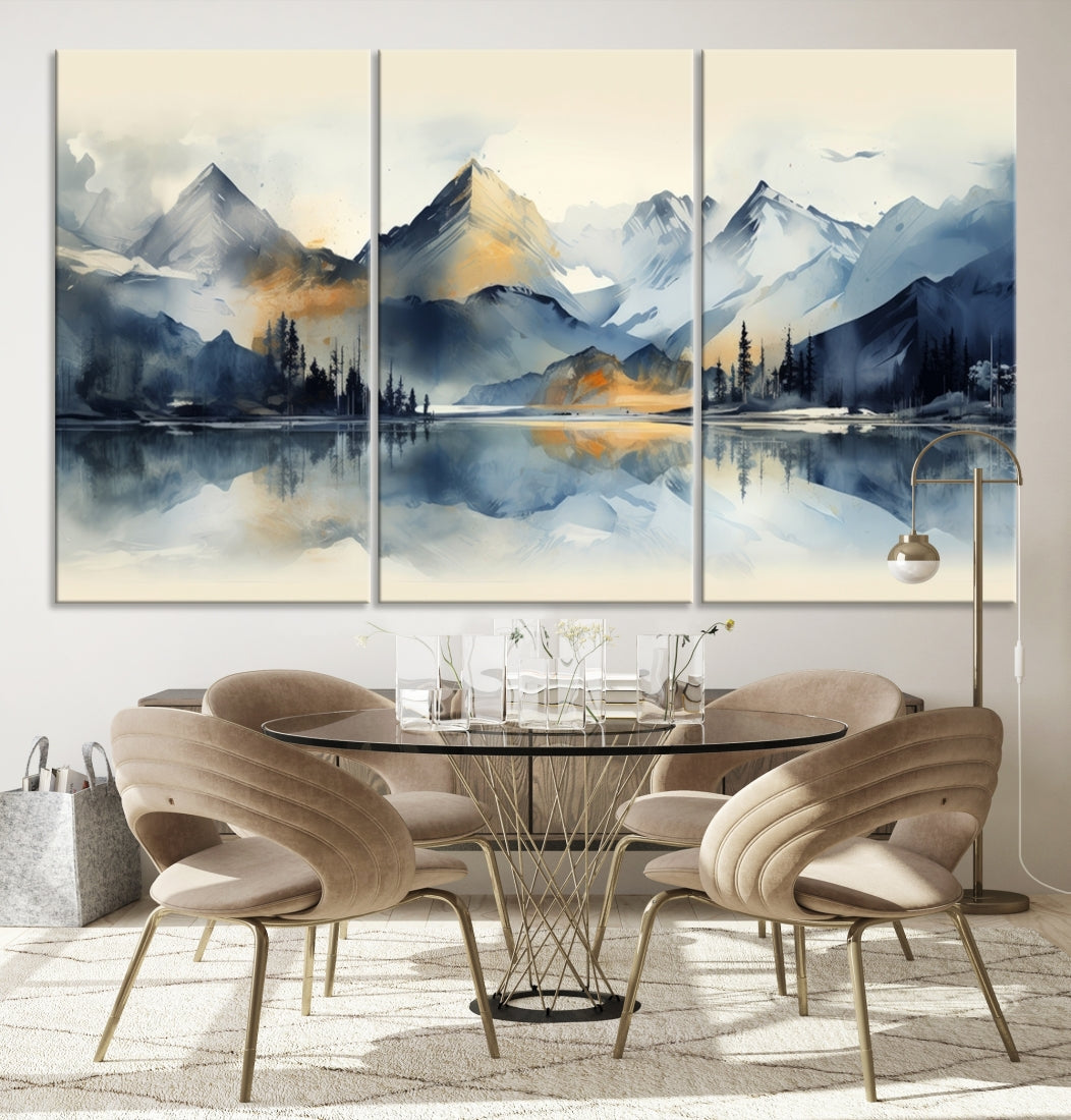 The "Lake Abstract Mountain Wall Art" is a three-panel masterpiece depicting a tranquil mountain landscape with a lake reflection on museum-quality canvas. Enjoy its enduring brilliance, thanks to the UV-protective coating, and take advantage of free shipping.