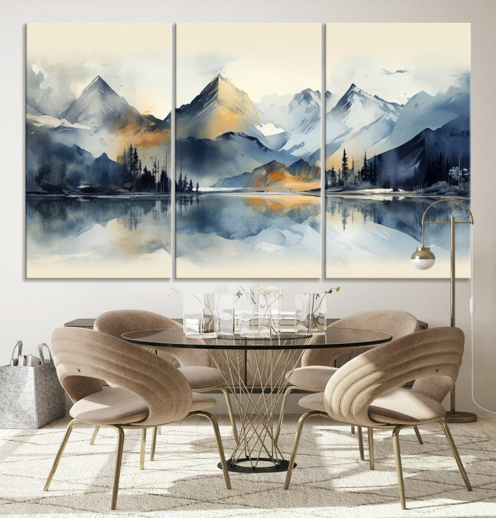 The "Lake Abstract Mountain Wall Art" is a three-panel masterpiece depicting a tranquil mountain landscape with a lake reflection on museum-quality canvas. Enjoy its enduring brilliance, thanks to the UV-protective coating, and take advantage of free shipping.