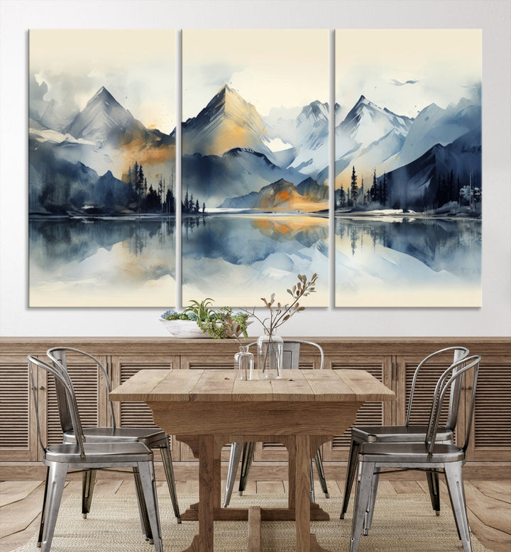 The "Lake Abstract Mountain Wall Art" is a three-panel masterpiece depicting a tranquil mountain landscape with a lake reflection on museum-quality canvas. Enjoy its enduring brilliance, thanks to the UV-protective coating, and take advantage of free shipping.