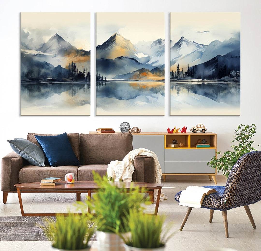 The "Lake Abstract Mountain Wall Art" is a three-panel masterpiece depicting a tranquil mountain landscape with a lake reflection on museum-quality canvas. Enjoy its enduring brilliance, thanks to the UV-protective coating, and take advantage of free shipping.