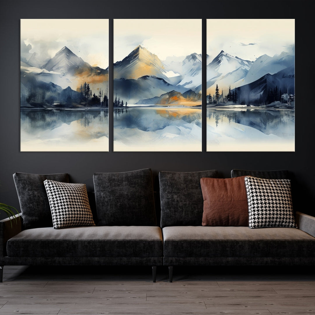 The "Lake Abstract Mountain Wall Art" is a three-panel masterpiece depicting a tranquil mountain landscape with a lake reflection on museum-quality canvas. Enjoy its enduring brilliance, thanks to the UV-protective coating, and take advantage of free shipping.