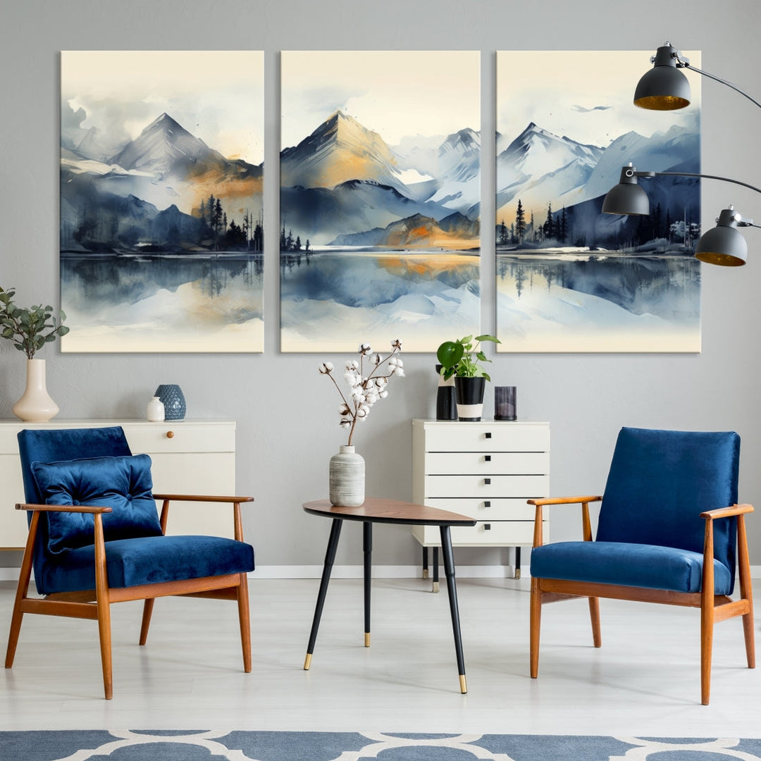 The "Lake Abstract Mountain Wall Art" is a three-panel masterpiece depicting a tranquil mountain landscape with a lake reflection on museum-quality canvas. Enjoy its enduring brilliance, thanks to the UV-protective coating, and take advantage of free shipping.