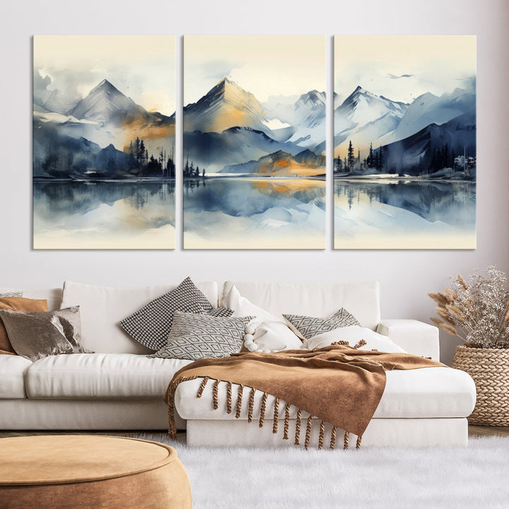 The "Lake Abstract Mountain Wall Art" is a three-panel masterpiece depicting a tranquil mountain landscape with a lake reflection on museum-quality canvas. Enjoy its enduring brilliance, thanks to the UV-protective coating, and take advantage of free shipping.