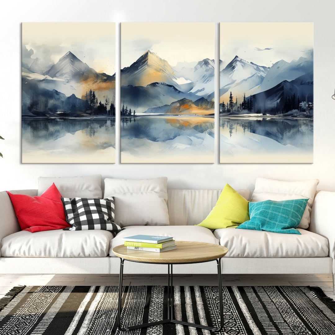 The "Lake Abstract Mountain Wall Art" is a three-panel masterpiece depicting a tranquil mountain landscape with a lake reflection on museum-quality canvas. Enjoy its enduring brilliance, thanks to the UV-protective coating, and take advantage of free shipping.