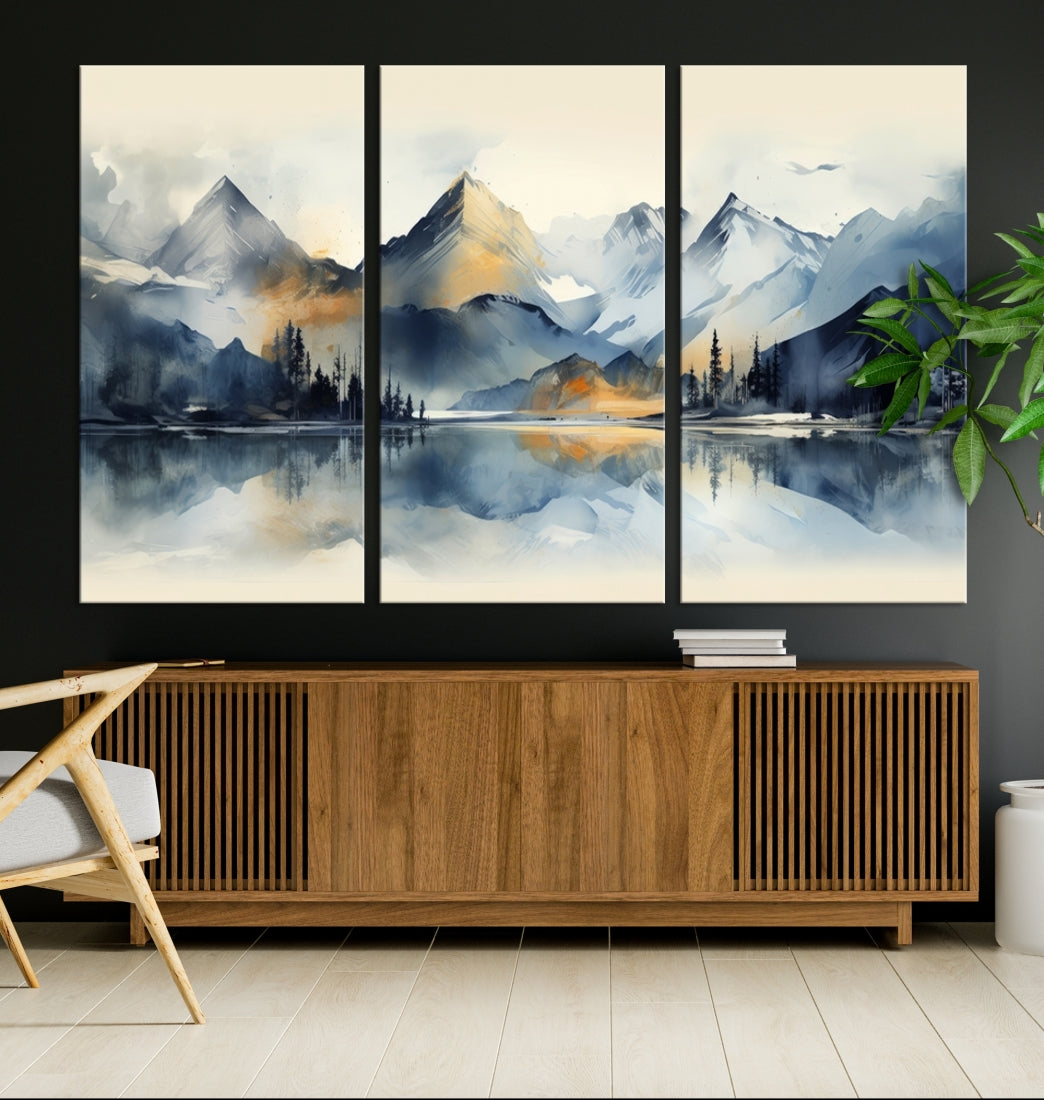 The "Lake Abstract Mountain Wall Art" is a three-panel masterpiece depicting a tranquil mountain landscape with a lake reflection on museum-quality canvas. Enjoy its enduring brilliance, thanks to the UV-protective coating, and take advantage of free shipping.