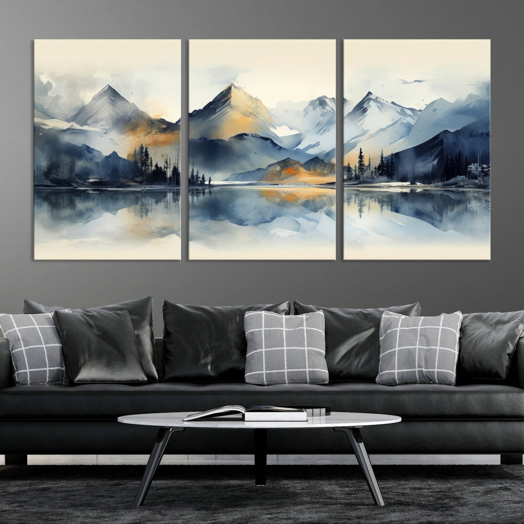 The "Lake Abstract Mountain Wall Art" is a three-panel masterpiece depicting a tranquil mountain landscape with a lake reflection on museum-quality canvas. Enjoy its enduring brilliance, thanks to the UV-protective coating, and take advantage of free shipping.