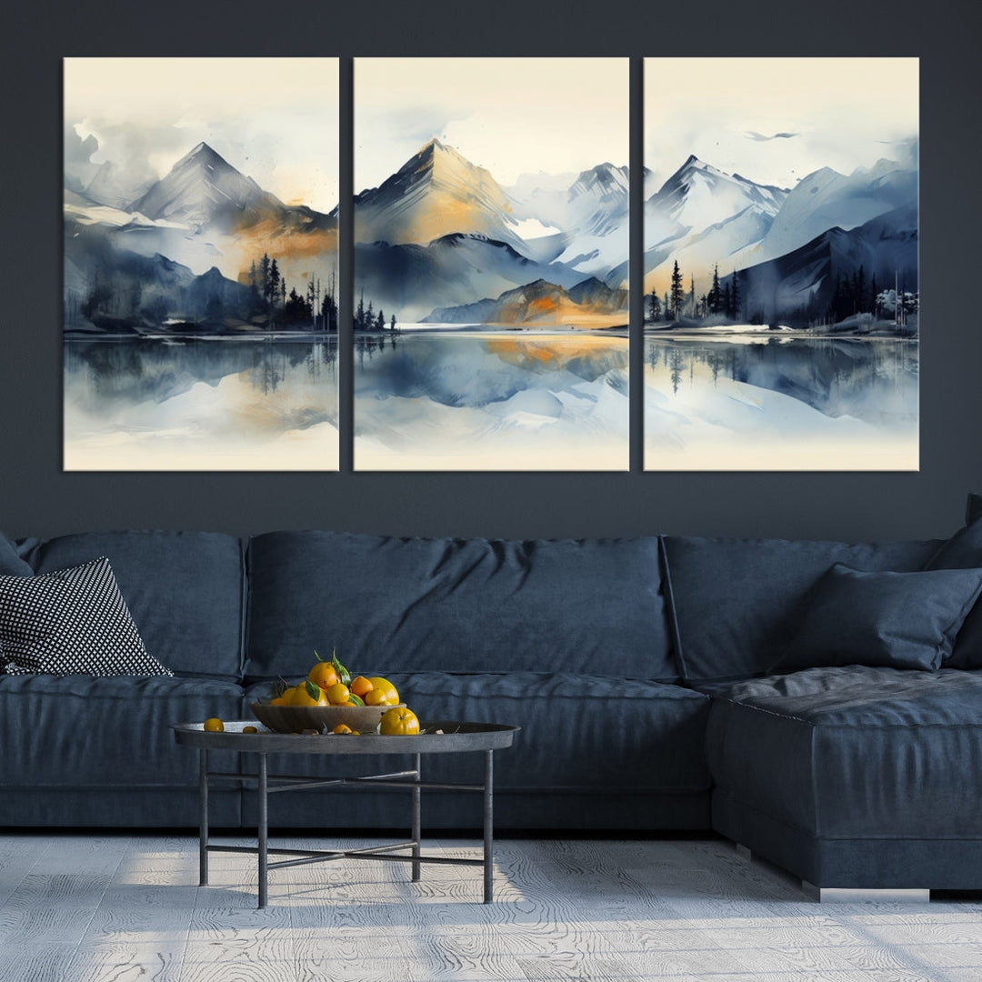 The "Lake Abstract Mountain Wall Art" is a three-panel masterpiece depicting a tranquil mountain landscape with a lake reflection on museum-quality canvas. Enjoy its enduring brilliance, thanks to the UV-protective coating, and take advantage of free shipping.