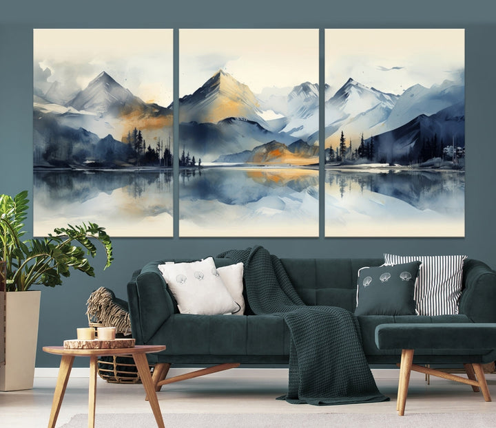 The "Lake Abstract Mountain Wall Art" is a three-panel masterpiece depicting a tranquil mountain landscape with a lake reflection on museum-quality canvas. Enjoy its enduring brilliance, thanks to the UV-protective coating, and take advantage of free shipping.