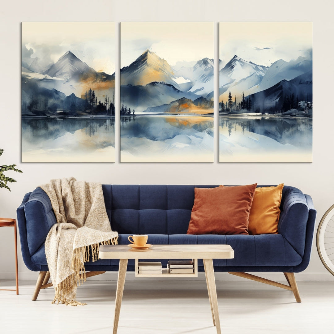 The "Lake Abstract Mountain Wall Art" is a three-panel masterpiece depicting a tranquil mountain landscape with a lake reflection on museum-quality canvas. Enjoy its enduring brilliance, thanks to the UV-protective coating, and take advantage of free shipping.