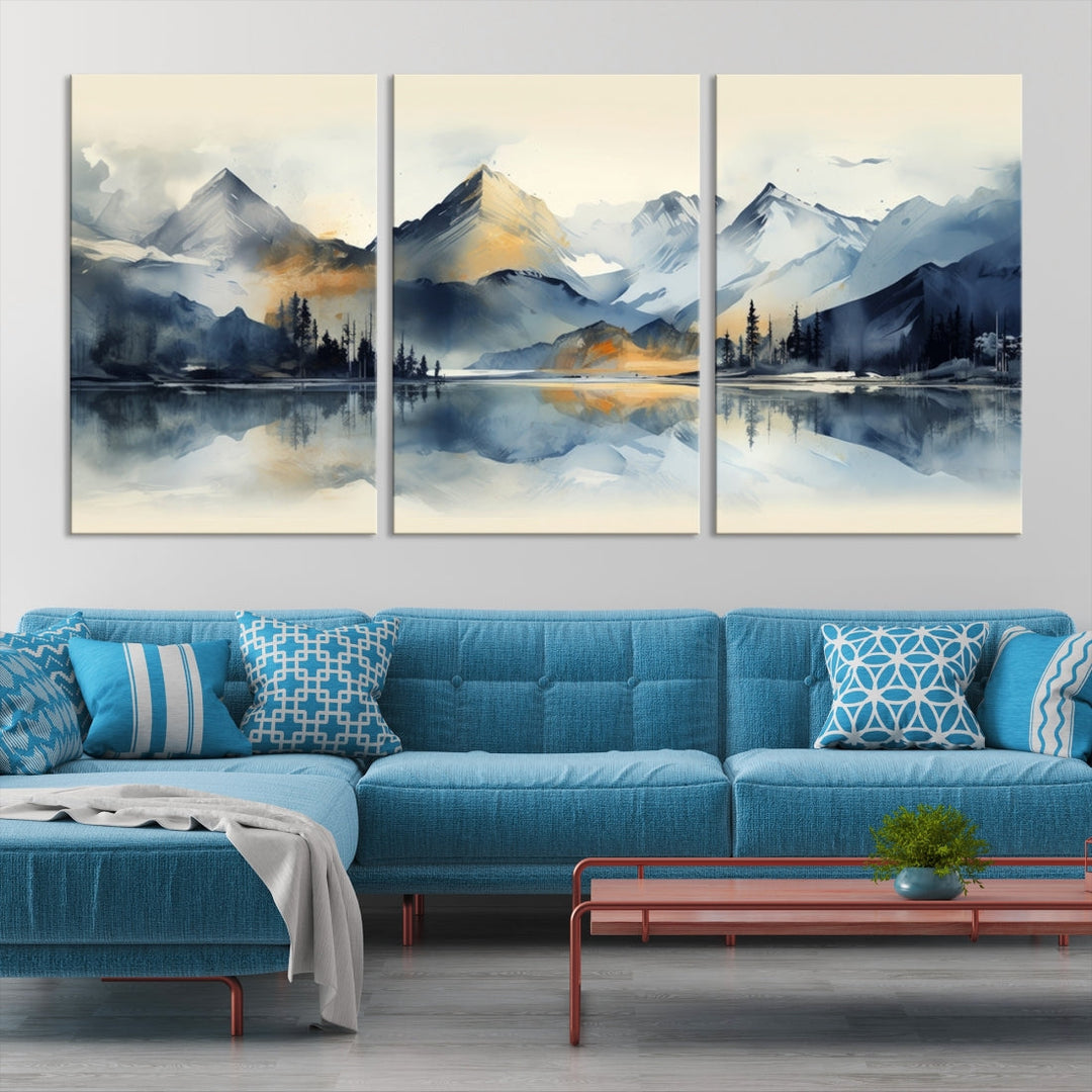 The "Lake Abstract Mountain Wall Art" is a three-panel masterpiece depicting a tranquil mountain landscape with a lake reflection on museum-quality canvas. Enjoy its enduring brilliance, thanks to the UV-protective coating, and take advantage of free shipping.