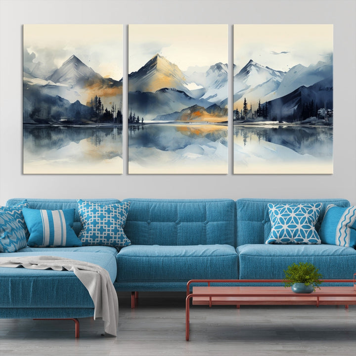 The "Lake Abstract Mountain Wall Art" is a three-panel masterpiece depicting a tranquil mountain landscape with a lake reflection on museum-quality canvas. Enjoy its enduring brilliance, thanks to the UV-protective coating, and take advantage of free shipping.