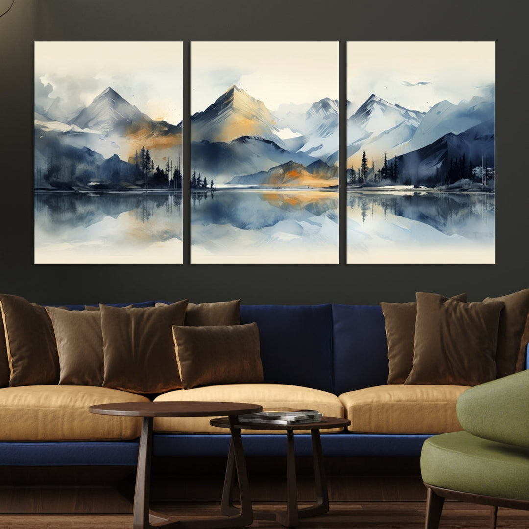 The "Lake Abstract Mountain Wall Art" is a three-panel masterpiece depicting a tranquil mountain landscape with a lake reflection on museum-quality canvas. Enjoy its enduring brilliance, thanks to the UV-protective coating, and take advantage of free shipping.