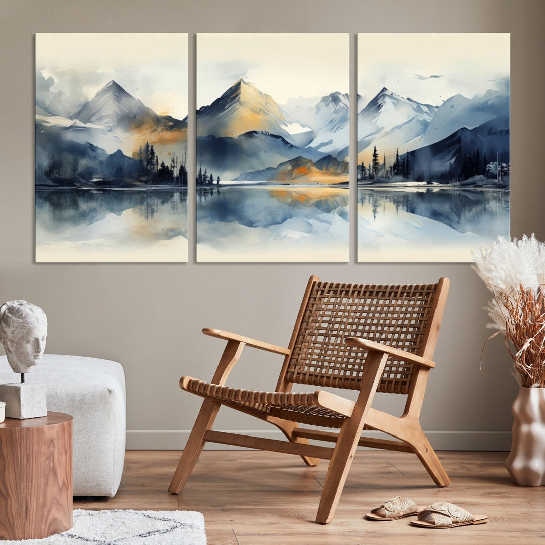 The "Lake Abstract Mountain Wall Art" is a three-panel masterpiece depicting a tranquil mountain landscape with a lake reflection on museum-quality canvas. Enjoy its enduring brilliance, thanks to the UV-protective coating, and take advantage of free shipping.