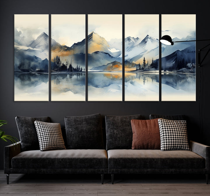 The "Lake Abstract Mountain Wall Art" is a three-panel masterpiece depicting a tranquil mountain landscape with a lake reflection on museum-quality canvas. Enjoy its enduring brilliance, thanks to the UV-protective coating, and take advantage of free shipping.