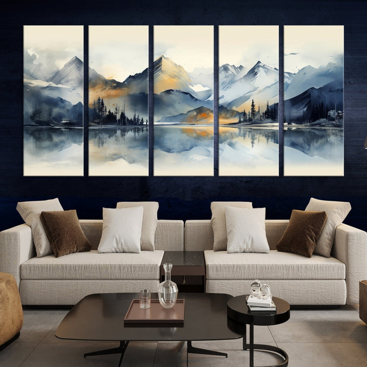 The "Lake Abstract Mountain Wall Art" is a three-panel masterpiece depicting a tranquil mountain landscape with a lake reflection on museum-quality canvas. Enjoy its enduring brilliance, thanks to the UV-protective coating, and take advantage of free shipping.