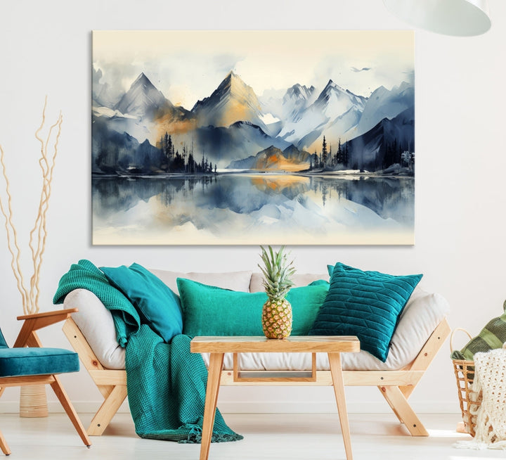 The "Lake Abstract Mountain Wall Art" is a three-panel masterpiece depicting a tranquil mountain landscape with a lake reflection on museum-quality canvas. Enjoy its enduring brilliance, thanks to the UV-protective coating, and take advantage of free shipping.