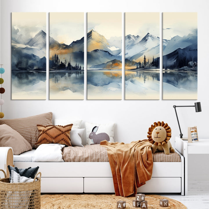 The "Lake Abstract Mountain Wall Art" is a three-panel masterpiece depicting a tranquil mountain landscape with a lake reflection on museum-quality canvas. Enjoy its enduring brilliance, thanks to the UV-protective coating, and take advantage of free shipping.