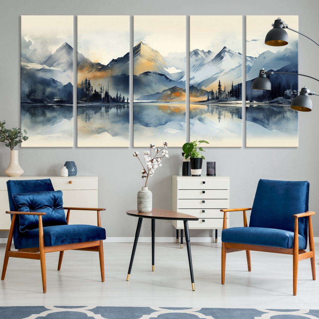 The "Lake Abstract Mountain Wall Art" is a three-panel masterpiece depicting a tranquil mountain landscape with a lake reflection on museum-quality canvas. Enjoy its enduring brilliance, thanks to the UV-protective coating, and take advantage of free shipping.