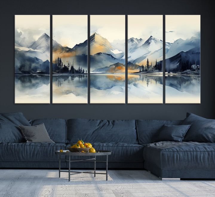 The "Lake Abstract Mountain Wall Art" is a three-panel masterpiece depicting a tranquil mountain landscape with a lake reflection on museum-quality canvas. Enjoy its enduring brilliance, thanks to the UV-protective coating, and take advantage of free shipping.