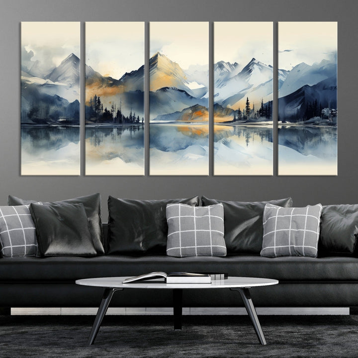 The "Lake Abstract Mountain Wall Art" is a three-panel masterpiece depicting a tranquil mountain landscape with a lake reflection on museum-quality canvas. Enjoy its enduring brilliance, thanks to the UV-protective coating, and take advantage of free shipping.