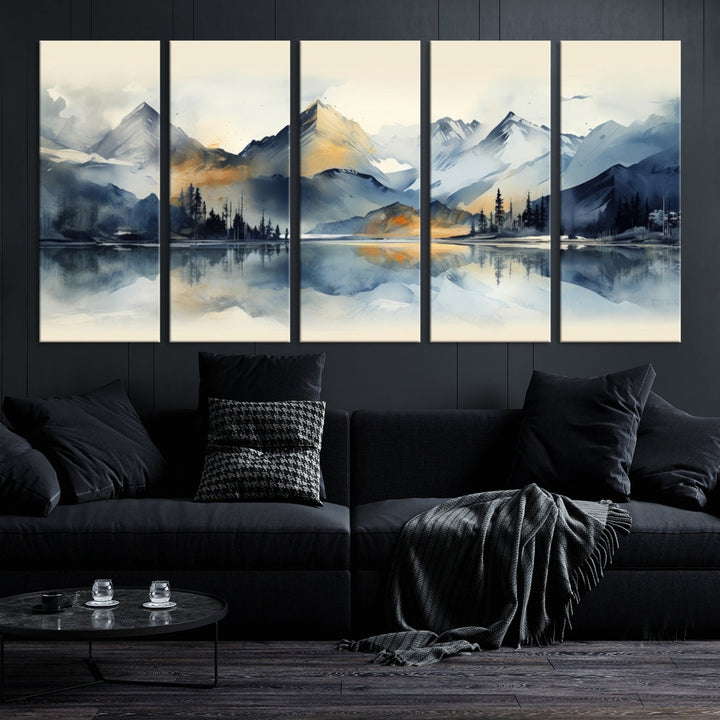 The "Lake Abstract Mountain Wall Art" is a three-panel masterpiece depicting a tranquil mountain landscape with a lake reflection on museum-quality canvas. Enjoy its enduring brilliance, thanks to the UV-protective coating, and take advantage of free shipping.