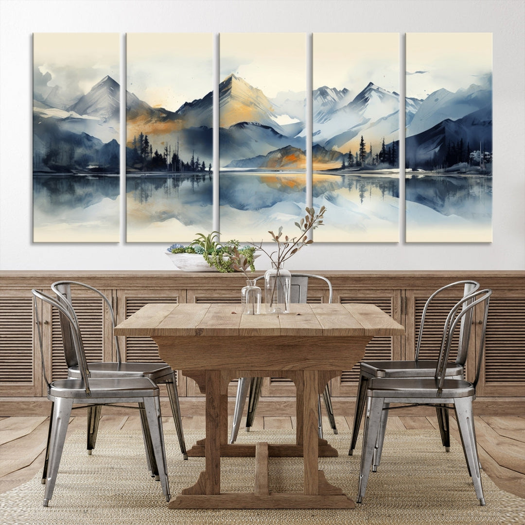 The "Lake Abstract Mountain Wall Art" is a three-panel masterpiece depicting a tranquil mountain landscape with a lake reflection on museum-quality canvas. Enjoy its enduring brilliance, thanks to the UV-protective coating, and take advantage of free shipping.