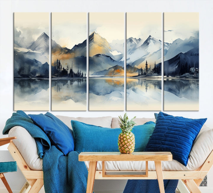 The "Lake Abstract Mountain Wall Art" is a three-panel masterpiece depicting a tranquil mountain landscape with a lake reflection on museum-quality canvas. Enjoy its enduring brilliance, thanks to the UV-protective coating, and take advantage of free shipping.