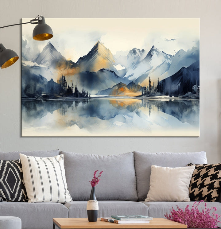 The "Lake Abstract Mountain Wall Art" is a three-panel masterpiece depicting a tranquil mountain landscape with a lake reflection on museum-quality canvas. Enjoy its enduring brilliance, thanks to the UV-protective coating, and take advantage of free shipping.