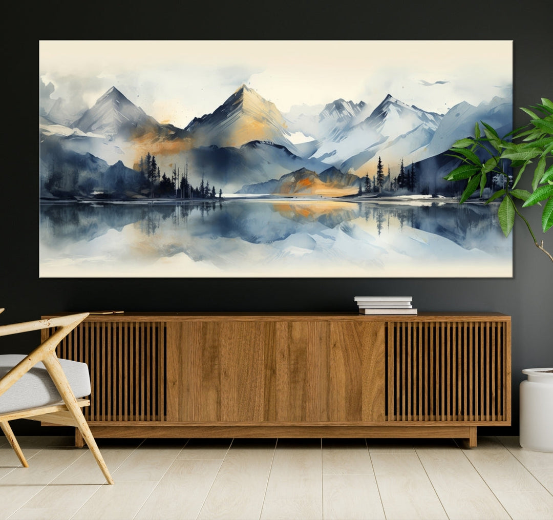 The "Lake Abstract Mountain Wall Art" is a three-panel masterpiece depicting a tranquil mountain landscape with a lake reflection on museum-quality canvas. Enjoy its enduring brilliance, thanks to the UV-protective coating, and take advantage of free shipping.