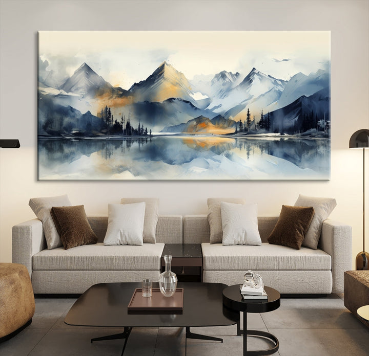 The "Lake Abstract Mountain Wall Art" is a three-panel masterpiece depicting a tranquil mountain landscape with a lake reflection on museum-quality canvas. Enjoy its enduring brilliance, thanks to the UV-protective coating, and take advantage of free shipping.