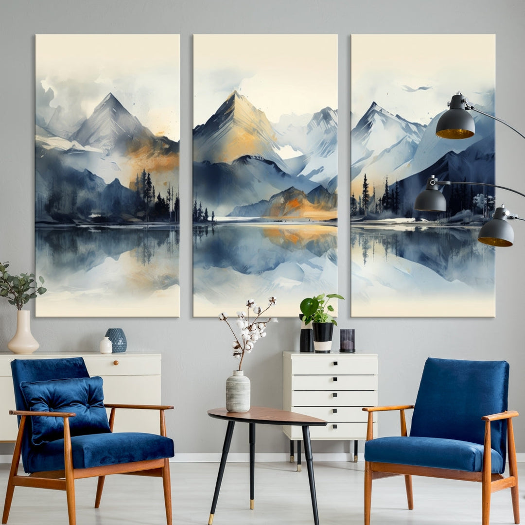 The "Lake Abstract Mountain Wall Art" is a three-panel masterpiece depicting a tranquil mountain landscape with a lake reflection on museum-quality canvas. Enjoy its enduring brilliance, thanks to the UV-protective coating, and take advantage of free shipping.