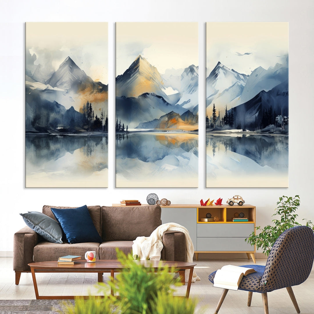 The "Lake Abstract Mountain Wall Art" is a three-panel masterpiece depicting a tranquil mountain landscape with a lake reflection on museum-quality canvas. Enjoy its enduring brilliance, thanks to the UV-protective coating, and take advantage of free shipping.