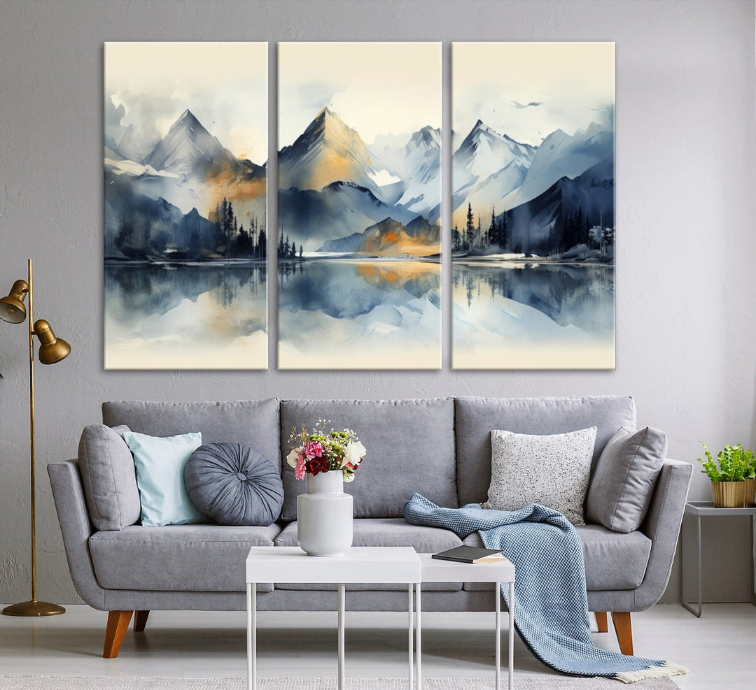 The "Lake Abstract Mountain Wall Art" is a three-panel masterpiece depicting a tranquil mountain landscape with a lake reflection on museum-quality canvas. Enjoy its enduring brilliance, thanks to the UV-protective coating, and take advantage of free shipping.